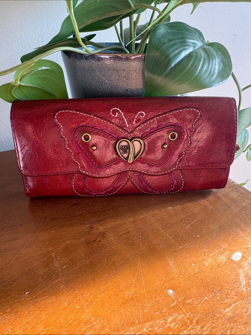 Anna Sui Red Butterfly Appliqué Leather Clutch